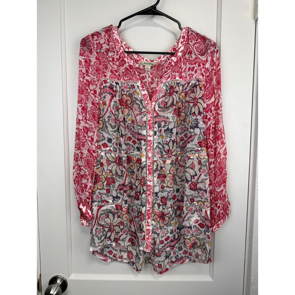 Lucky Brand Red Floral Tiered Tunic Blouse Ladder Lace Button Front Small